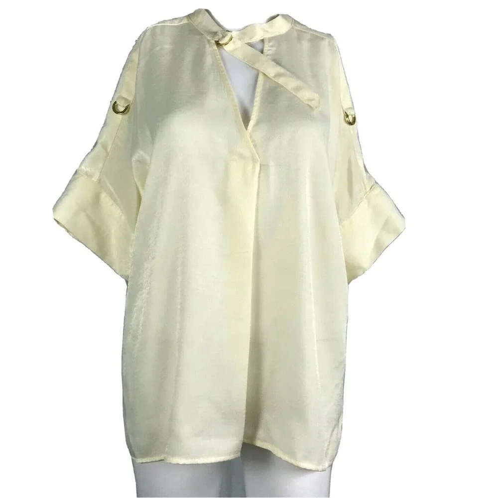 Michael Michael Kors Shirt Womens XL Ivory Surplice Tie Neck Short Sleeve Blouse